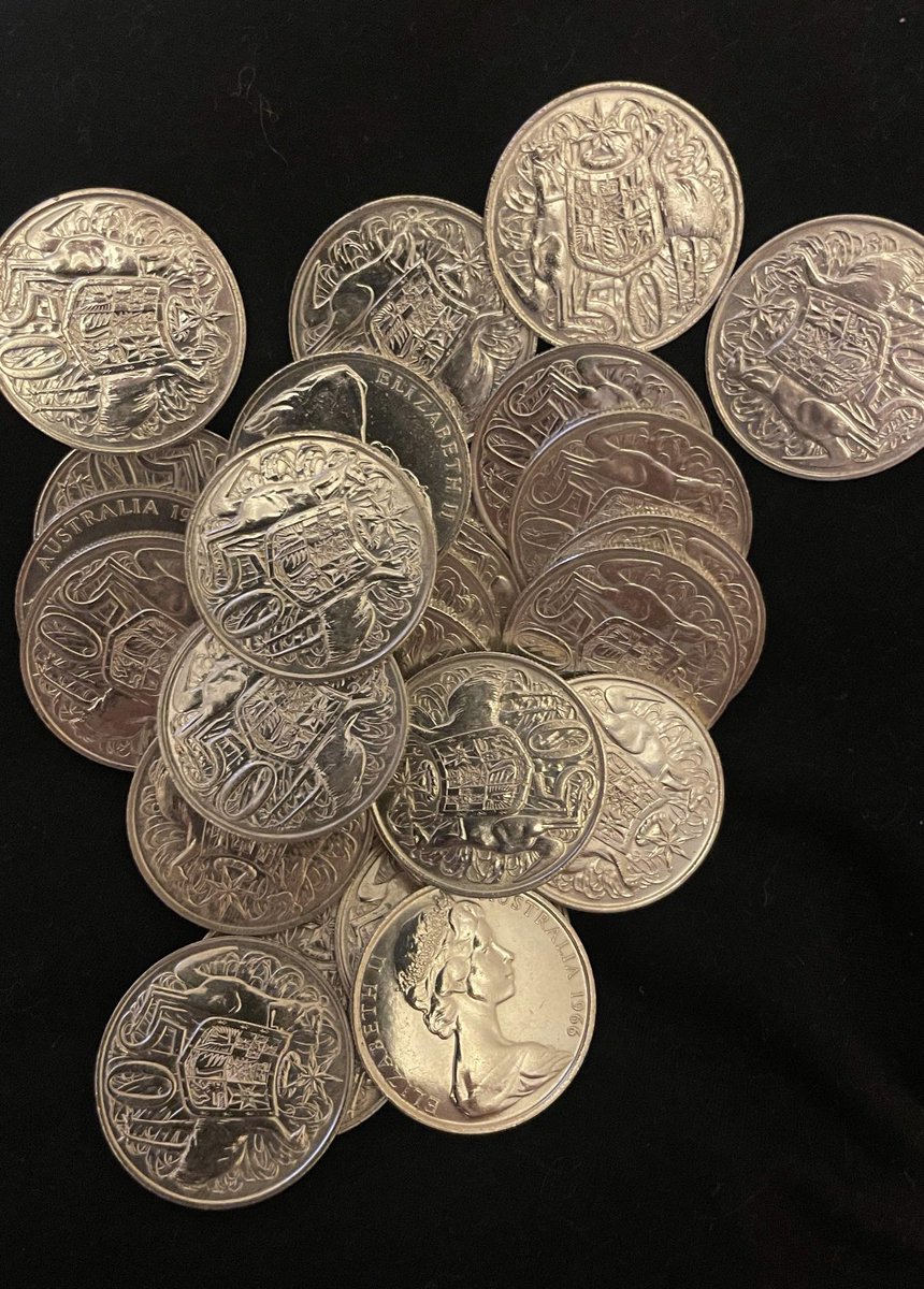 LarocheMatt's tweet photo. Australian “junk silver” ??? I think not. These 1966 round  50c silver coins (80% silver and only made in 1966) are just beautiful 🤩… @WallStreetSilv #keepstaking #silver https://t.co/CQn5KF3JNc