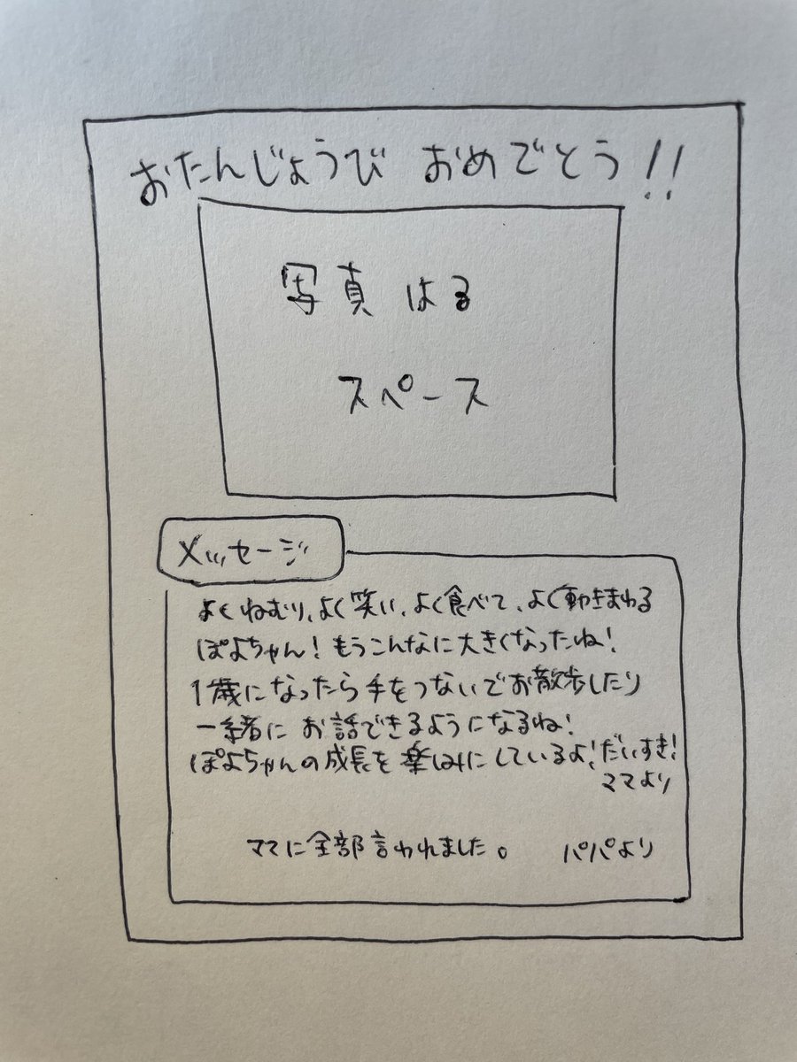 保育園で掲示されるお誕生日カードに、親からのメッセージを書かなきゃいけないんだけど、夫にも書いて!と渡した結果、これで戻ってきました。
(フォーマットと名前はフェイク入れてる)

来年は先に書かせる。 