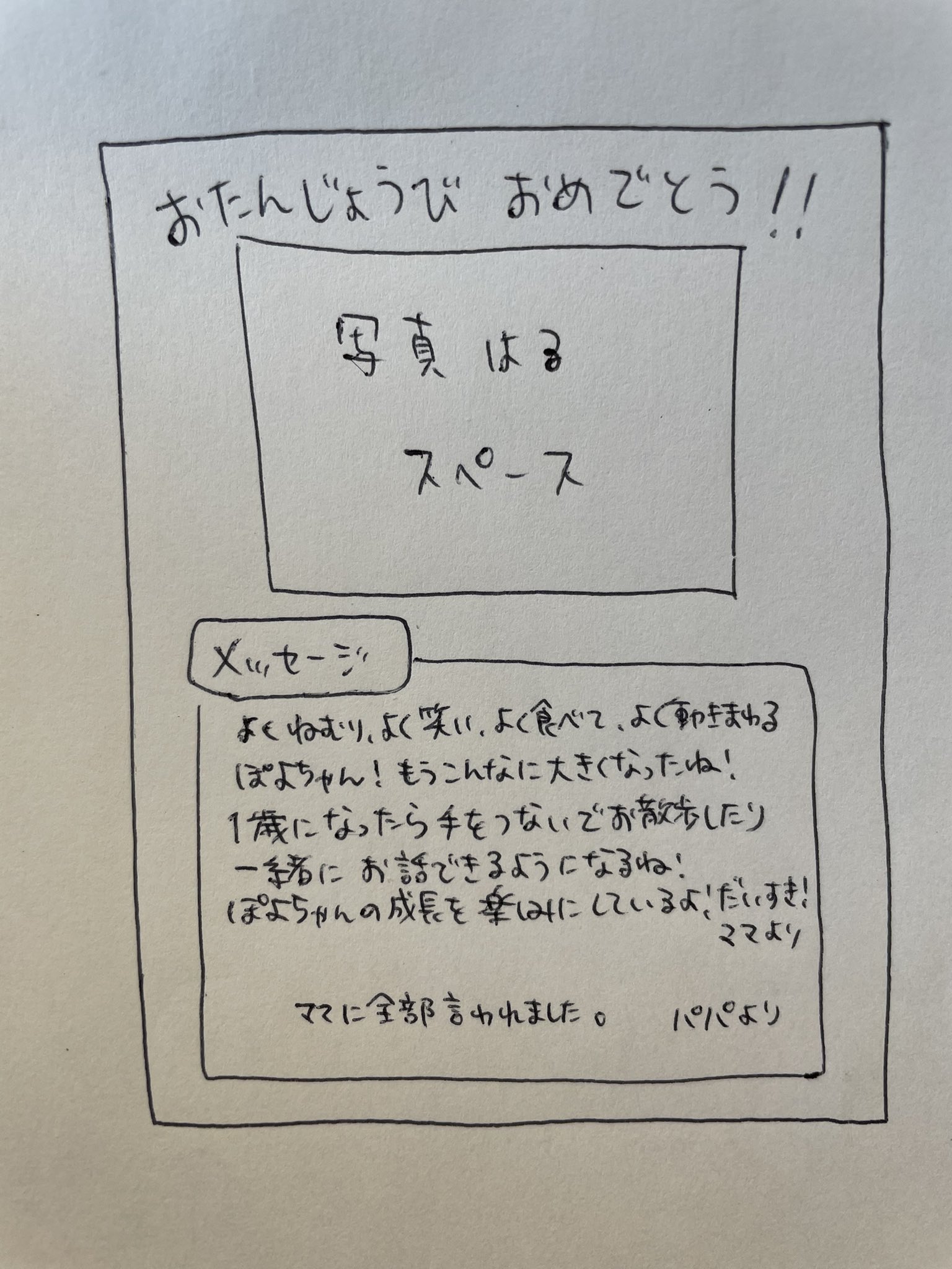 ビーノ 保育園で掲示されるお誕生日カードに 親からのメッセージを書かなきゃいけないんだけど 夫にも書いて と渡した結果 これで戻ってきました フォーマットと名前はフェイク入れてる 来年は先に書かせる T Co 1apktjzohu Twitter