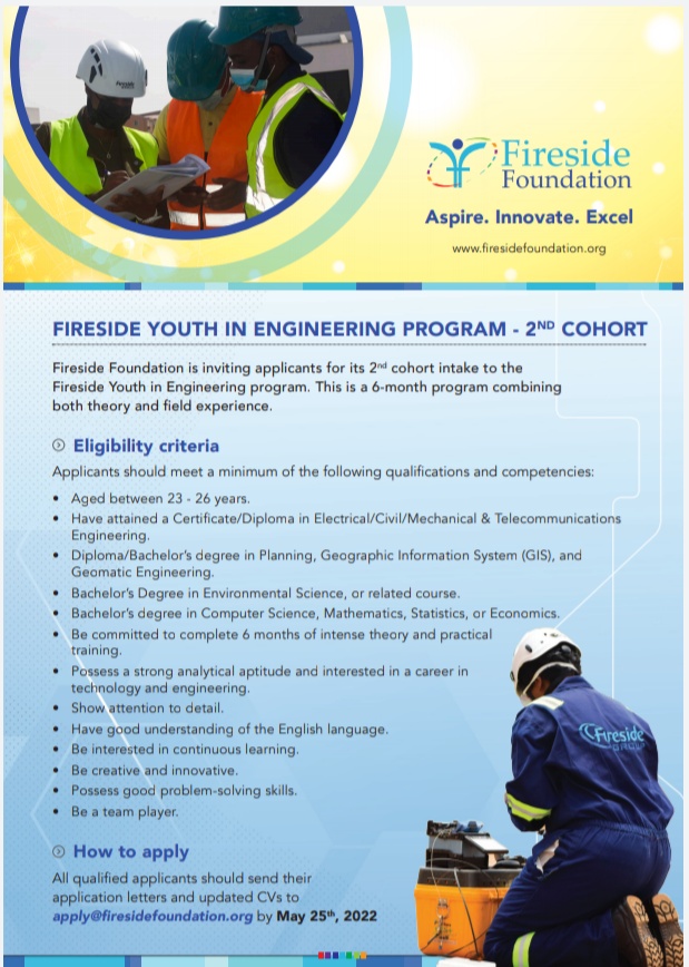 Applications open for Fireside Engineering internship-both men and women #womenintech #ikokazi #ikokazike #WomenInSTEM #womeninengineering
