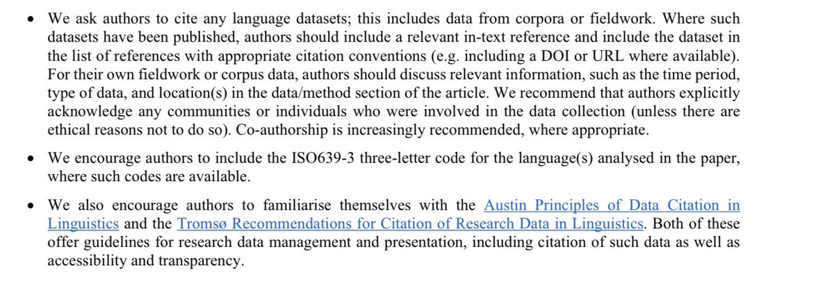 Corpusling's tweet photo. As one of my last tasks as co-editor last year I arranged for an update of the Functions of Language guidelines to include info on citing research data — incl. links to Austin principles &amp; Tromsø recommendations — inspired by @superlinguo &amp; oz j of lngs

https://t.co/zUTIdXnBgF https://t.co/NKPX9mpMwT