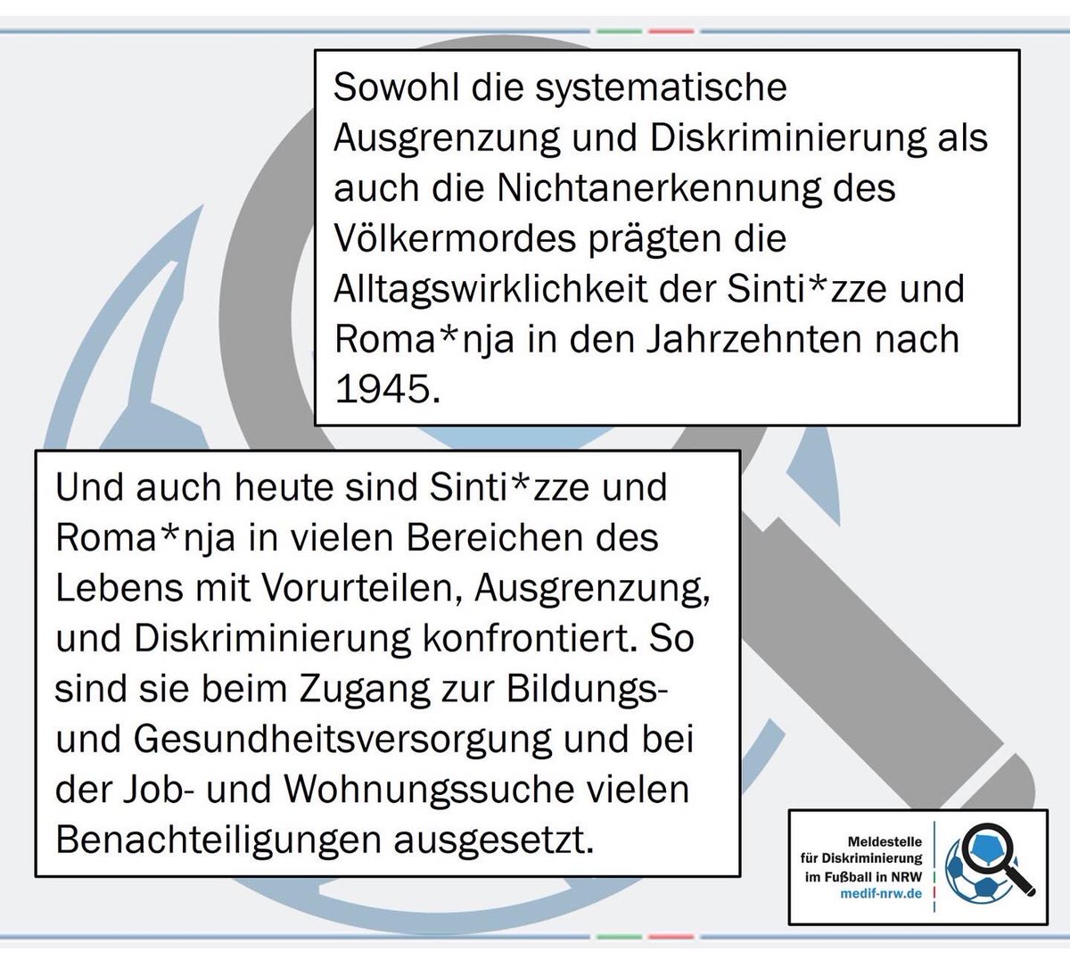 medif_nrw's tweet photo. Ob auf Bannern,in Fangesängen oder in Kommentaren auf &amp; neben den Plätzen: Antiziganismus ist leider immer noch ein verbreitetes Phänomen im Fußball. Wir positionieren uns klar gegen Antiziganismus und jede weitere Form von Diskriminierung im Fußball und in der Gesellschaft.(2/2) https://t.co/IsashkWDTB