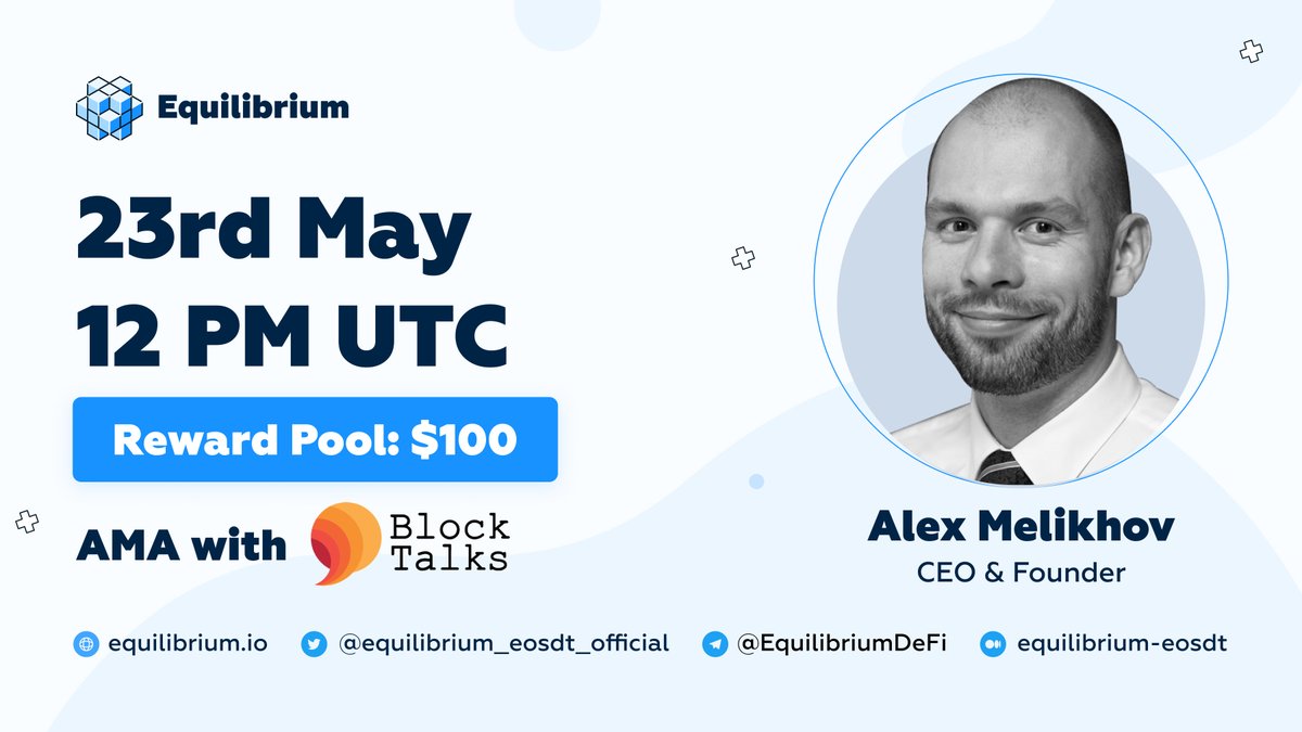💪Get ready for an insightful #AMA session of <a href="/EquilibriumDeFi/">EQ finance ⚡ Empowering Liquid Staking</a> with BlockTalks!

🎙️Alex <a href="/hello_melikhov/">Alex 👾</a> will be joining the @HiBlockTalks community to talk about the recent developments, $EQ sale &amp; much more.

🕒23 May, 12 PM UTC
🌐Where: t.me/BlockTalksDisc…
🤑Rewards: $100