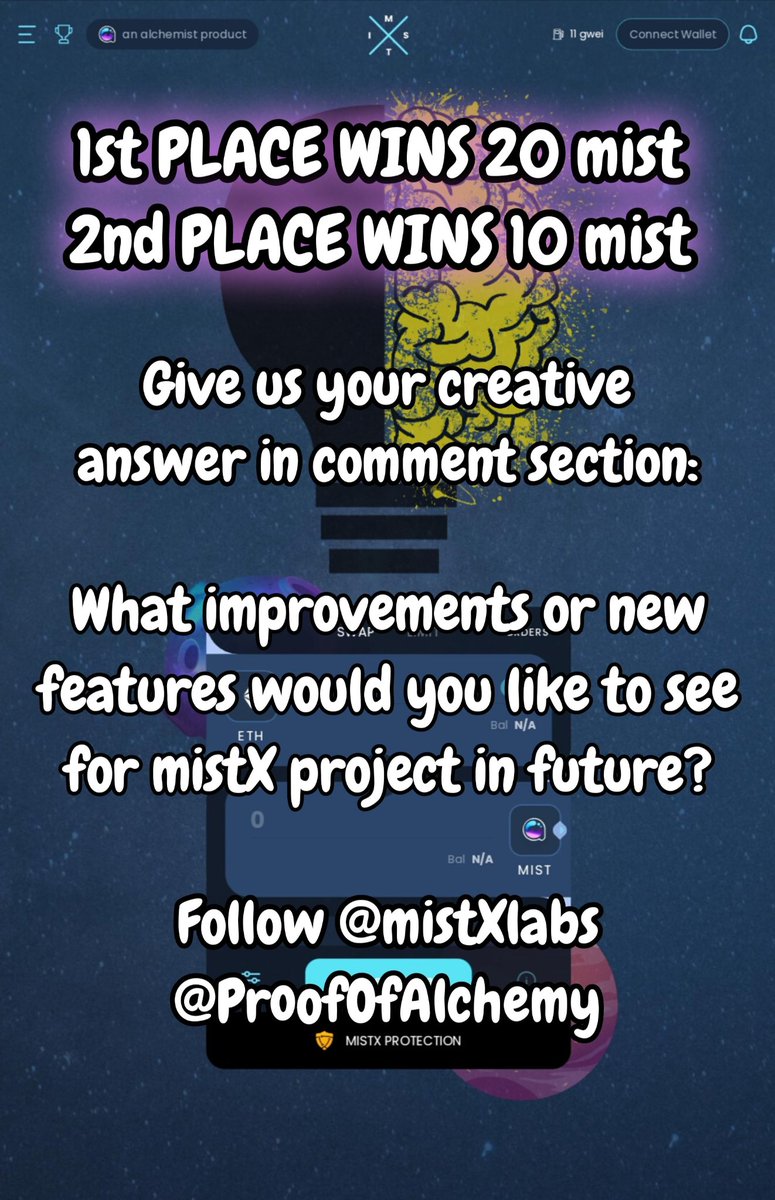 ProofOfAlchemy's tweet photo. Hey @_alchemistcoin community, submit your answer in comment section and win rewards 🤑
The more imaginative the answer the better.
Follow
@mistXlabs
@ProofOfAlchemy !
Answers are accepted until - June 2nd 23:59 UTC.
Learn more about mistX 👉 https://t.co/CvBGdyccsE https://t.co/5nZtpT009H