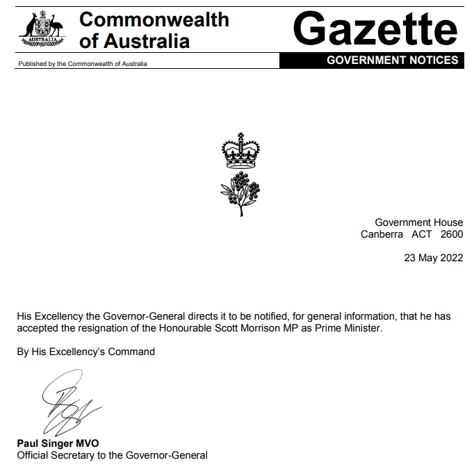 political_alert's tweet photo. Notification of resignation of the Hon Scott Morrison MP as Prime Minister #ausvotes https://t.co/wQYChnxpXb