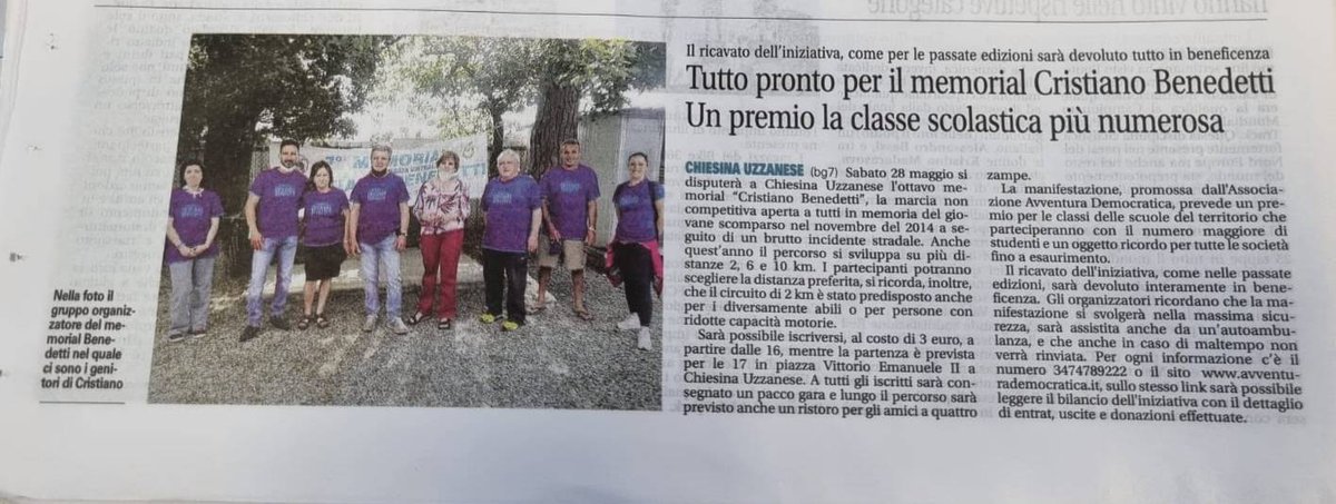 Su Il Giornale di Pistoia e della Valdinievole si parla dell'ottava edizione del Memorial Cristiano Benedetti! Ci vediamo sabato a Chiesina Uzzanese.