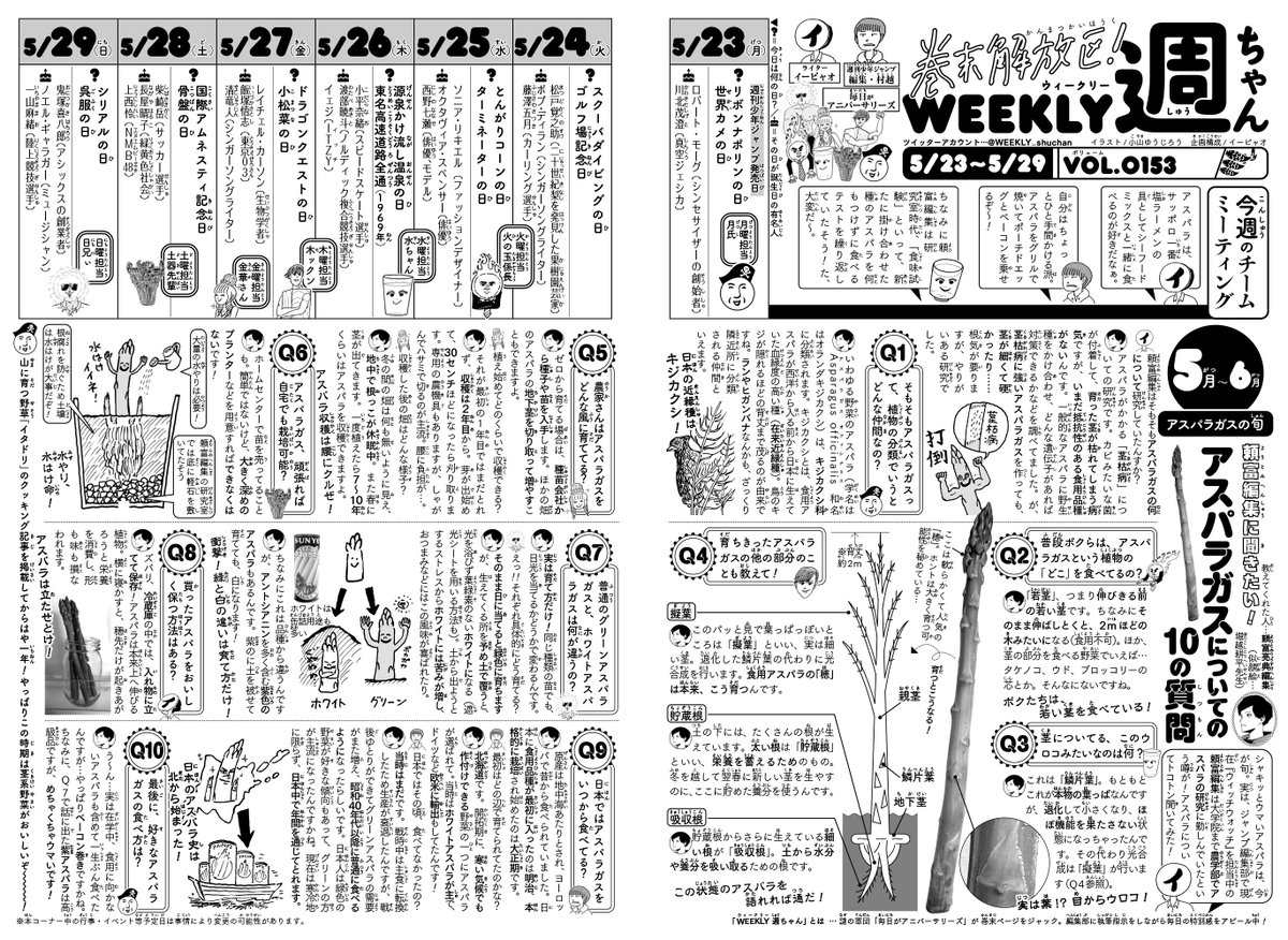 WJ25◆
今週の週ちゃんは?

*頼富編集に聞きたい!アスパラガスについての10の質問

実は…WJ編集部の頼富編集は学生時代、アスパラガスの研究をしていたとか!そこで!
「緑アスパラと白アスパラの違いは?」
「食用してるのはどの部分?」
今が旬のアスパラ、気になる疑問を聞きまくったぞ!(イ) 