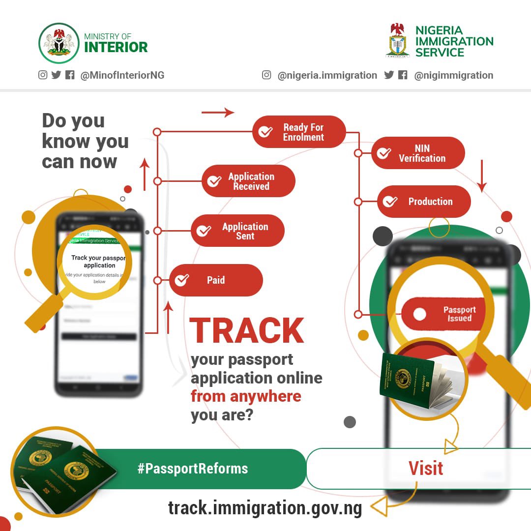 MinOfInteriorNG's tweet photo. Do you know as a passport applicant, you can now track your passport application process in real time online from anywhere you are?

Visit https://t.co/ZkdRjikeXT to begin.

#PassportReform @nigimmigration https://t.co/RvnO0pkGnp