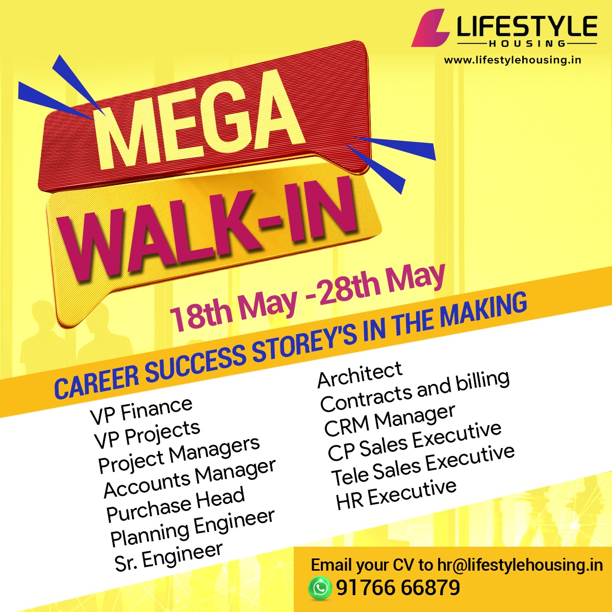 We're on a hiring spree. Career Success Storey's in the making. 2X hiring across all functions and levels.

#Lifestyle #lifestylehousing #chennaiapartment #chennaihousing #chennaihomes #Hiring #hiringalert #career