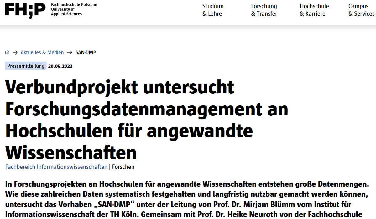 Neues Forschungsprojekt SAN-DMP an der @FHPotsdam zu #FDM und speziell zu #DMP, gemeinsam mit der @th_koeln @h_da 🤩
⏩ fh-potsdam.de/aktuelles-medi…