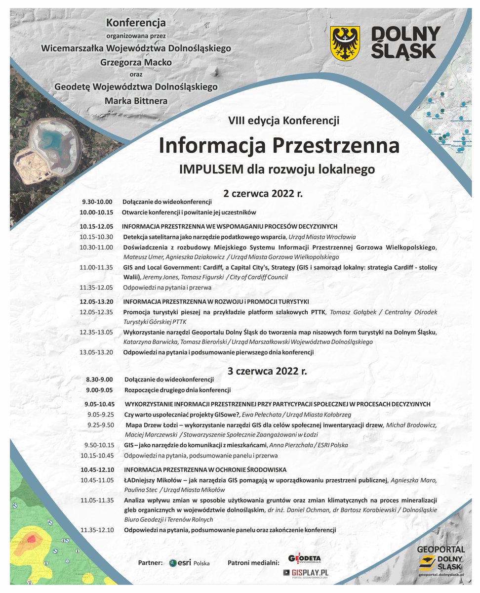 Zapraszamy na konferencję „Informacja Przestrzenna IMPULSEM dla rozwoju lokalnego”, która odbędzie się w dniach 2-3 czerwca 2022 r. w formie zdalnej. 😊
Więcej informacji oraz rejestracja dostępne pod linkiem: wgik.dolnyslask.pl/web/start/reje….