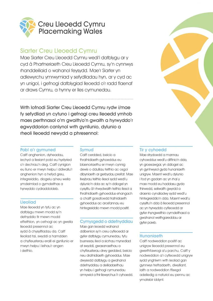 Rydyn ni wedi arwyddo i Siarter Creu Lleoedd Cymru @designcfw. Edrychwch ar yr egwyddorion creu lleoedd yma: buff.ly/3f9BklE. Mae’n rhoi ansawdd, cynaliadwyedd a #chymuned wrth wraidd cynllunio #CymunedaunCreuCartrefi