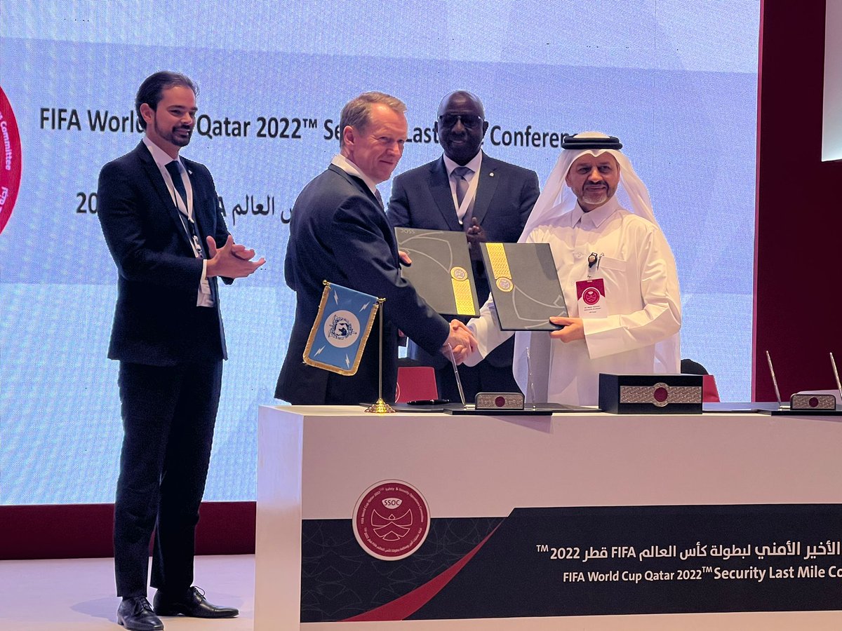INTERPOL_STADIA's tweet photo. 📢A huge day for #MajorEventSecurity! 

🎬 @SJKavanaghQPM, EDPS @INTERPOLHQ, signs a  #ProjectStadia extension with 🇶🇦 @SeCommittee2022. 

The culmination of 10-years of dedication to providing global law enforcement with the latest knowledge on safe and secure major events! https://t.co/NfD1OA3H2h