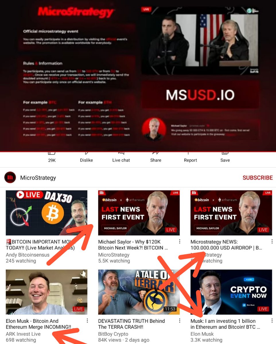 cryptonewshindi's tweet photo. पूरी दुनिया के क्रिप्टो निवेशकों को ठगने के मक्सद से @YouTube पर इस समय @elonmusk @Tesla @saylor @MicroStrategy के नाम पर #Bitcoin और #Ethereum के फर्जी गिवअवे दिए जा रहे हैं। @YouTube की देखरेख में यह सब हो रहा है और यूट्यूब इसे रोकने की कोशिश भी नहीं कर रहा है। शर्मनाक यूट्यूब https://t.co/tB8TDA0oPi