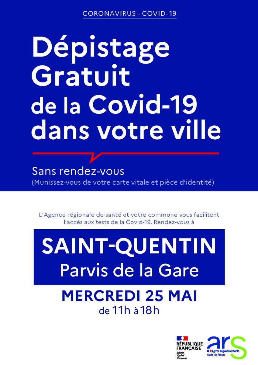 #ONVOUSINFORME | Covid-19 Une opération de #dépistage contre la #COVID19 par tests antigéniques aura lieu ce mercredi 25 mai de 11h à 18h sur le parvis de la gare de Saint-Quentin https://t.co/HMaIZDY8Jk