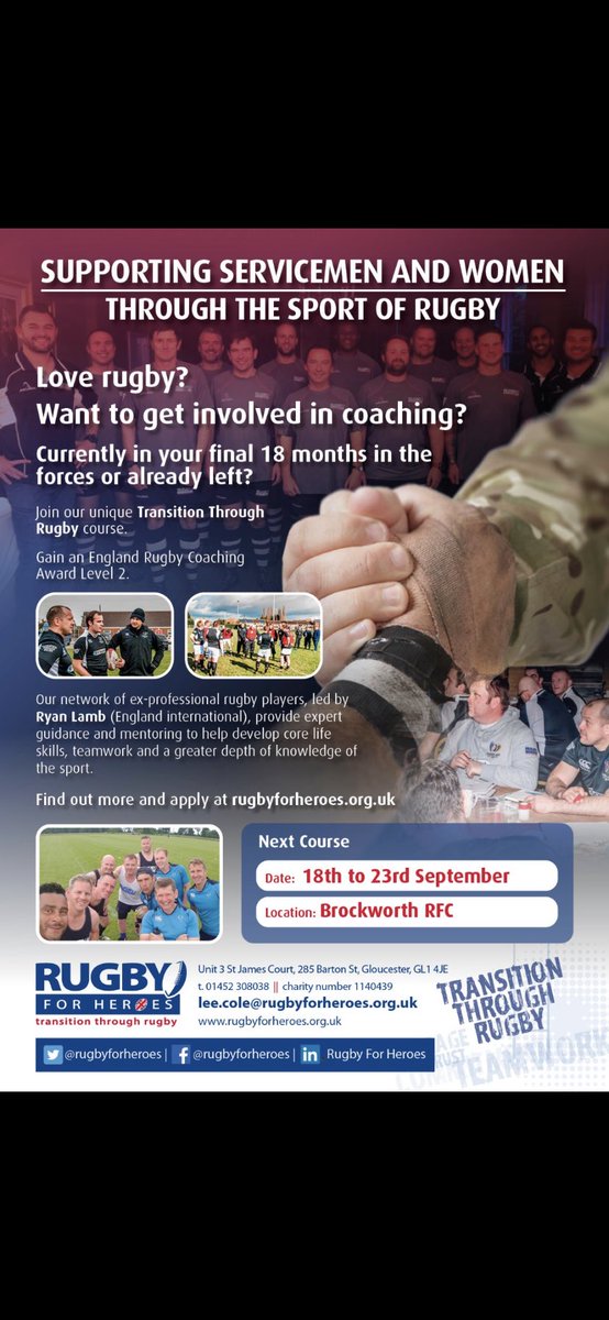 RAFA Melton Mowbray (@rafamelton) on Twitter photo Do you love #Rugby and have left the <a href="/RoyalAirForce/">Royal Air Force</a> or in your final 18 months?
New coaching course offered by <a href="/Rugbyforheroes/">Rugby for Heroes</a> for veterans & service leavers. Find out more about the course here ππ» rugbyforheroes.org.uk/ttr-course/
#rugby #rugbyfamily #coaching #transition #military Do you love #Rugby and have left the <a href="/RoyalAirForce/">Royal Air Force</a> or in your final 18 months?
New coaching course offered by <a href="/Rugbyforheroes/">Rugby for Heroes</a> for veterans & service leavers. Find out more about the course here ππ» rugbyforheroes.org.uk/ttr-course/
#rugby #rugbyfamily #coaching #transition #military