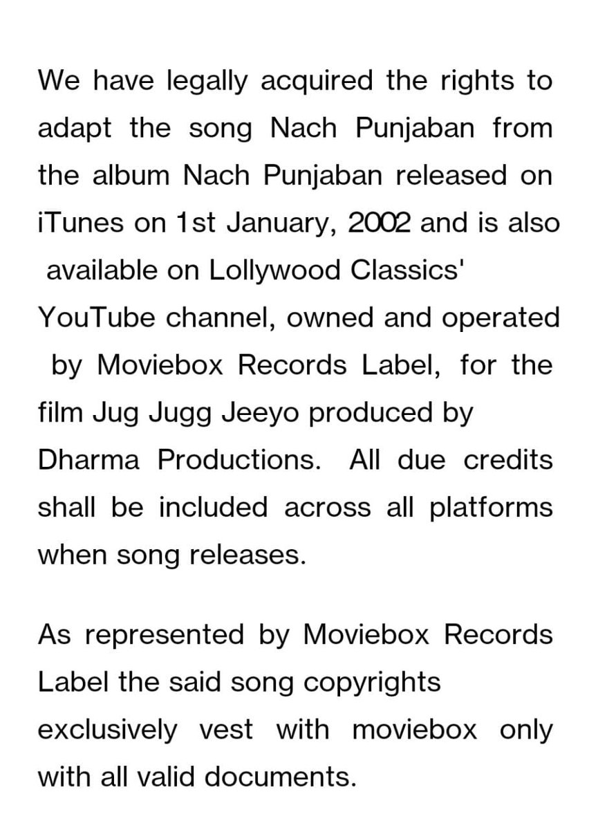 TSeries's tweet photo. We have legally acquired the rights to adapt the song #NachPunjaban released on iTunes on 1st January, 2002 &amp; available on Lollywood Classics' YouTube channel, owned by @1Moviebox, for #JugJuggJeeyo produced by @DharmaMovies. The song is available here: https://t.co/2oLFzsLAFI https://t.co/t6u3p3RA6z