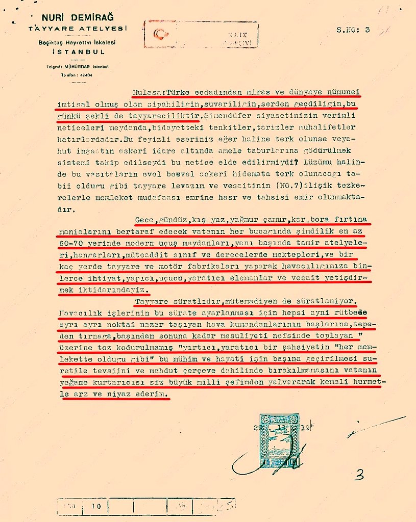 Nuri Demirağ'ın İsmet İnönü'ye yazdığı ibretlik mektupla güne başlayalım Bu mektubu @Selcuk bey gelen geçen herkesin okuyup ibret alması için fabrikasının en gözle görünür bir yerine asmalı Hele 2. sayfanın sonunda bir cümle var ki insanı canevinden vuruyor⬇️