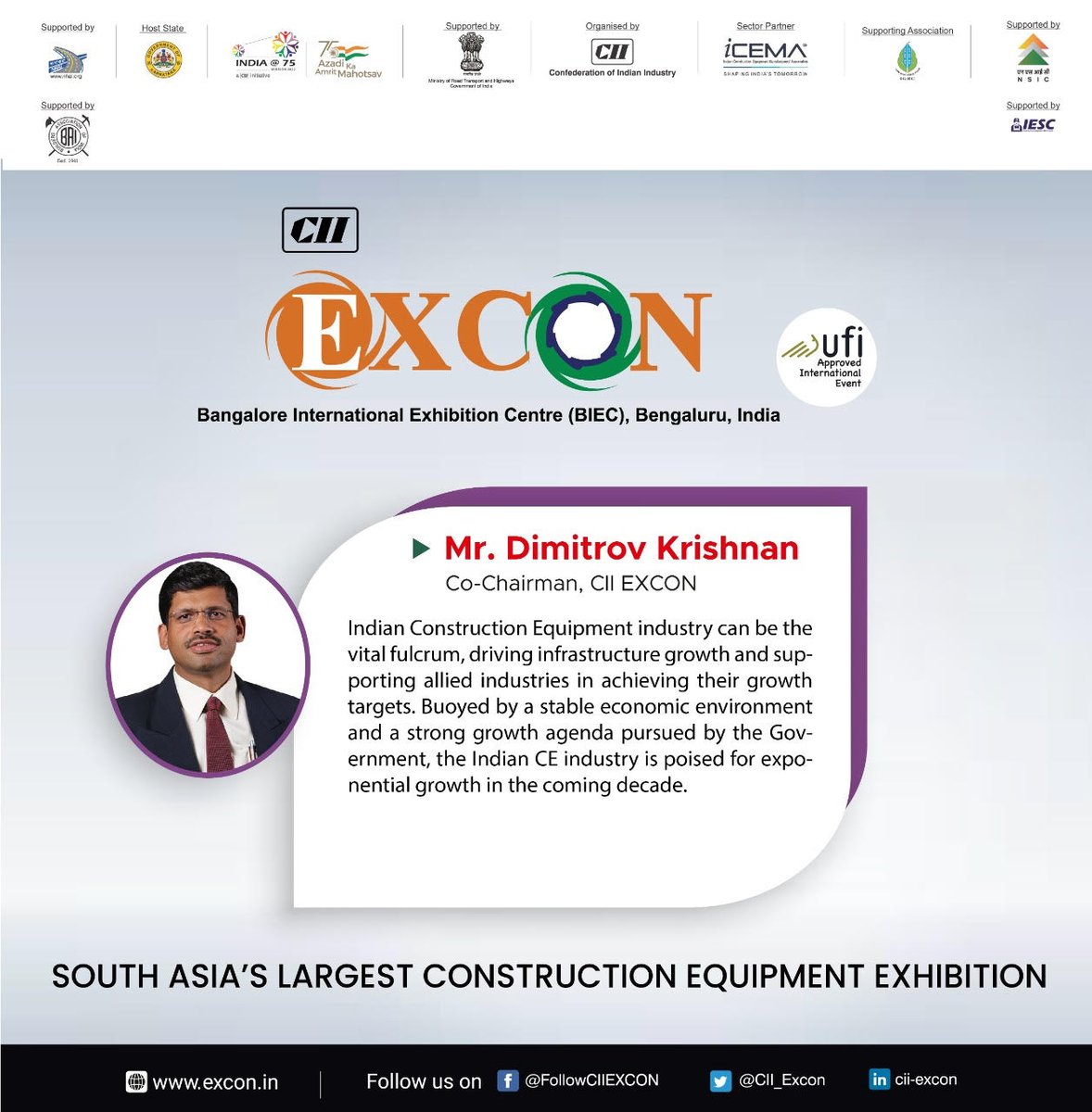 CII_Excon's tweet photo. Message from Mr. Dimitrov Krishnan, Co - Chairman, CII EXCON .
@FollowCII @CII4SR @CIIEvents
#india #project #manufacturing #building #constructionindustry #constructionequipment #infrastructure #Excon2K21 https://t.co/fOAdXJtixr