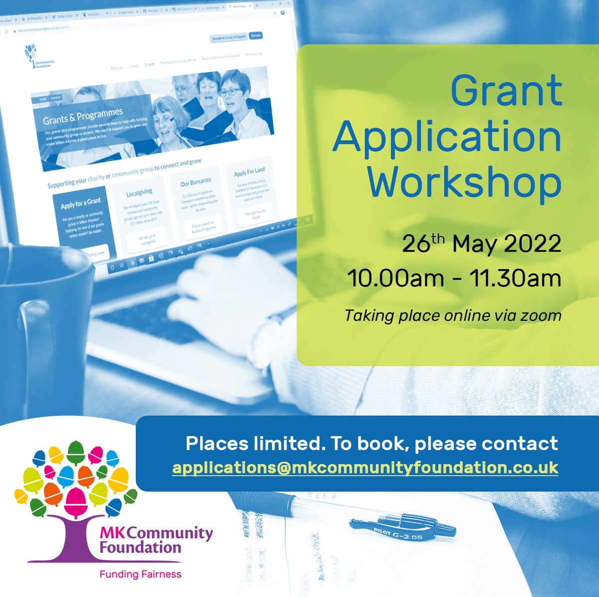 Want to know more about our grants and how to apply for one? 🌞

Why not sign up to our online Grant Application Workshop 26th May 10am - 11.30am!

Get in touch to book your space 👇
applications@mkcommunityfoundation.co.uk  

#FundingFairness #LoveMK #Grants
<a href="/ComActMK/">Community Action: MK</a>