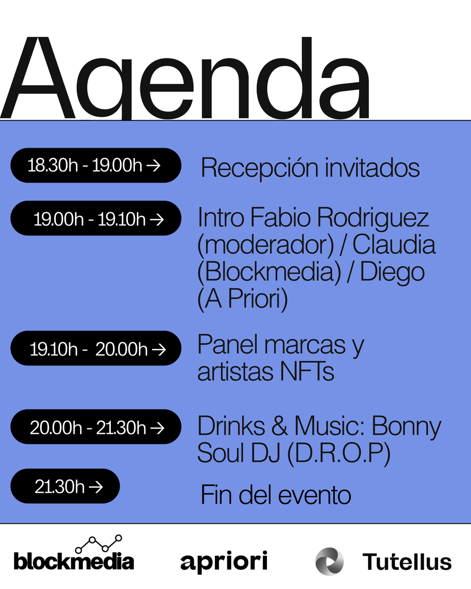 tutellus's tweet photo. Conoce agenda y los speakers del próximo evento #AfterworkWeb3 #NFTs en Barcelona. ¿Te lo vas a perder? 🤔
@mtorres
@idajohanssoncom
@edbyus
@DiegoARRG
Ahí nos vemos tutellianos 👋 https://t.co/pwOYBFXkjk