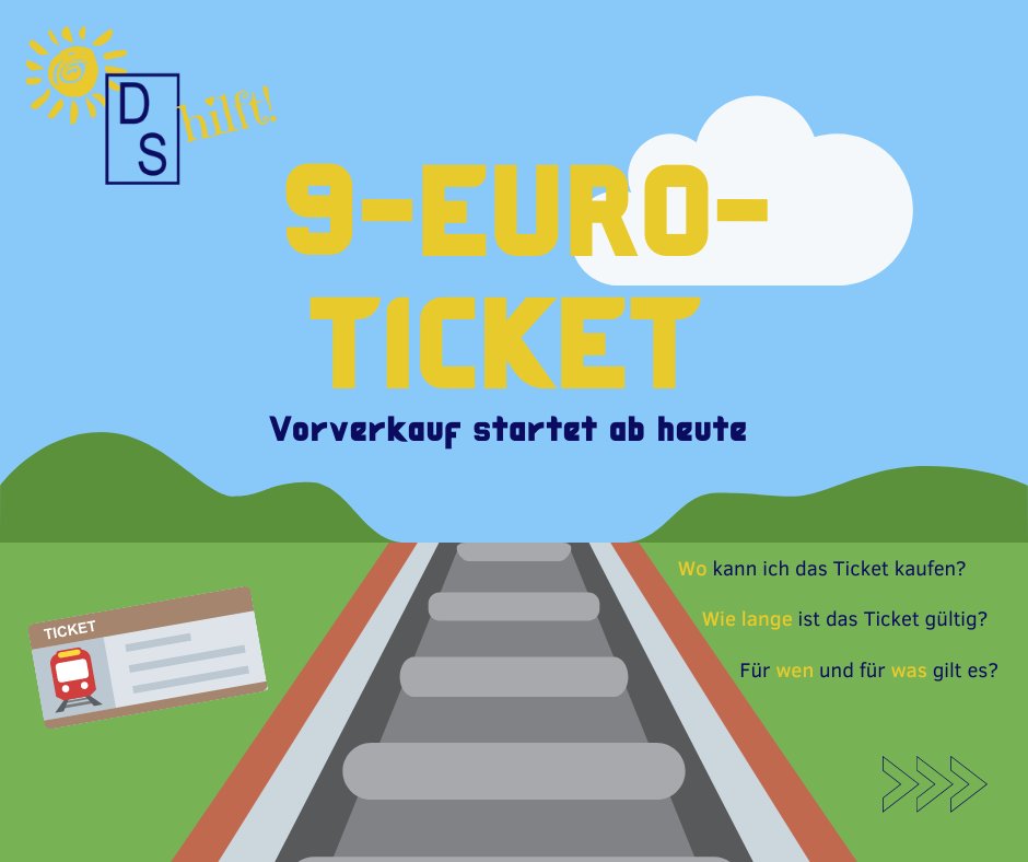 DS_hilft's tweet photo. 🎉 Es ist so weit: Ab heute startet der (digitale) Vorverkauf des 9-Euro-Tickets! 🎟🚝 

▶ Hier können Sie Ihr 9-Euro-Ticket online kaufen: https://t.co/DSmo2actHc

▶ Mehr Informationen hier: https://t.co/ed6vE6YB0c 

#neuneuroticket #db #deutschebahn #zug #bahn #ticket https://t.co/JfEXqZbilZ