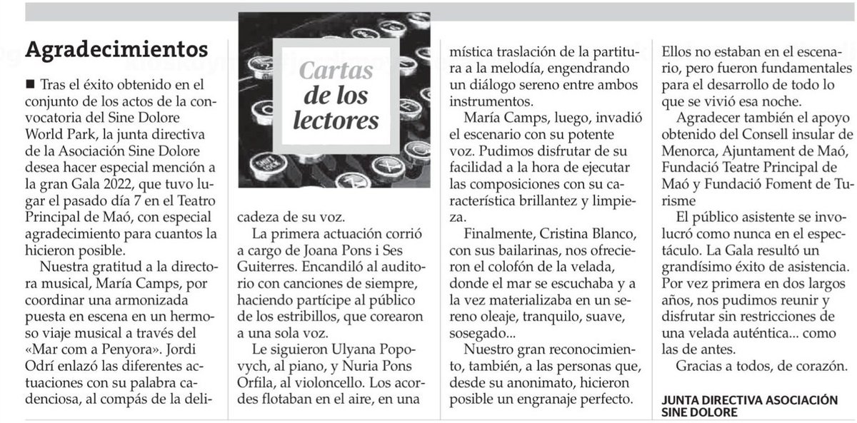 📢Publicado hoy en #ElDiariodeMenorca tras el éxito del #SineDoloreWorldPark2022 en #Menorca.