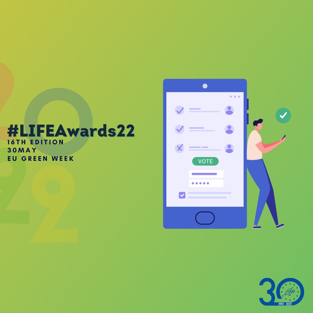 12 finalists. 🇪🇺
1⃣ week to go.
You decide who wins 🏆

Don't forget to vote for your favourite project in the #LIFEAwards22 Citizens' Prize category!

Head to our website, check the videos from the finalists and pick your winner 👉 lifeawards.eu

#LIFEis30