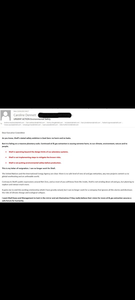 Escándalo en Shell. Encargada de seguridad de la compañía, renuncia en un mail masivo diciendo que la petrolera está operando fuera de sus límites planetarios.
#MarsinPetroleras
#VacaMuertaEsFracking