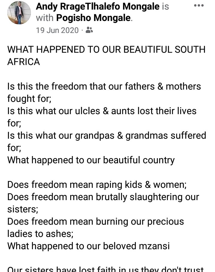 AndyMongale's tweet photo. This is just something I wrote a while back concerning this pandemic we are going through #GBV
#StopGBV
#JusticeForHlehle
#JusticeForNamhla

Please retweet https://t.co/W91fCLYQwY