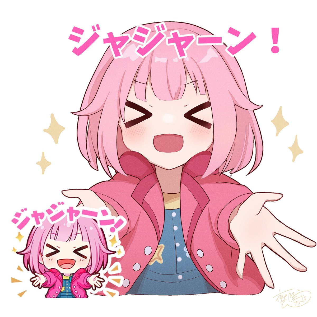 1girl > < pink hair jacket smile pink jacket :d  illustration images