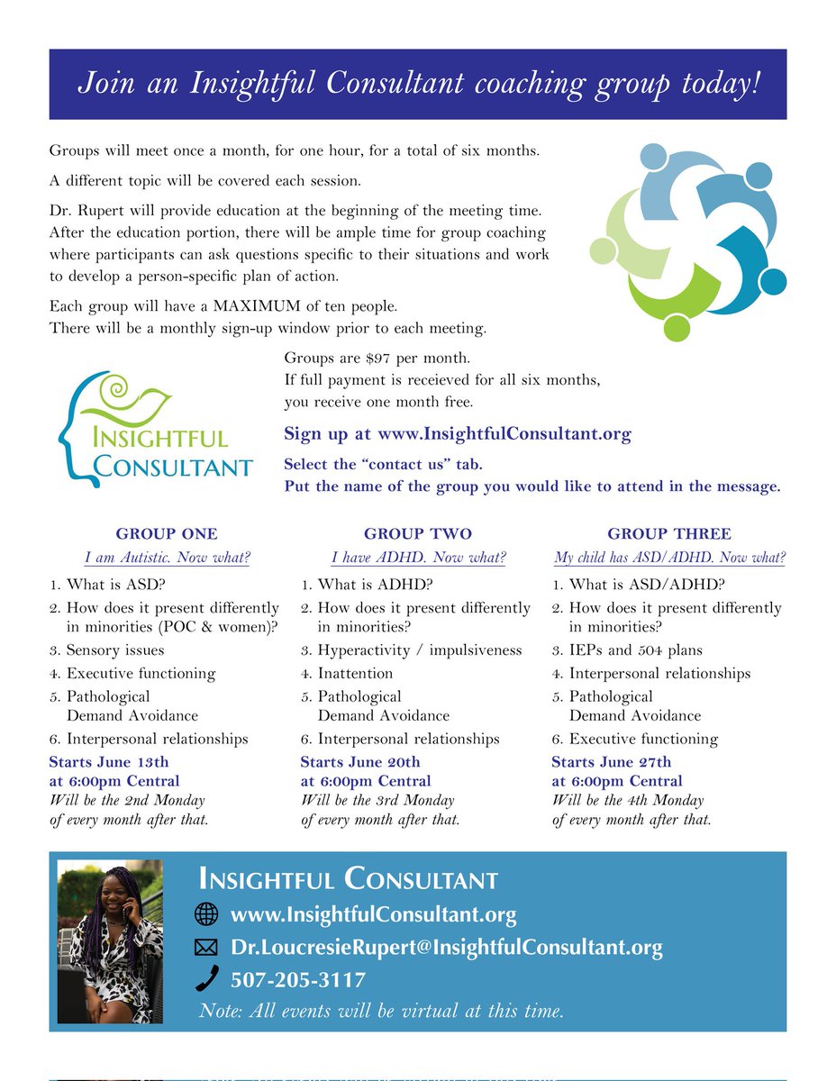 LrupertMD's tweet image. Are you interested in personal coaching,  but 1:1 coaching is cost prohibitive? 

Do you want to learn about your neurodiversity from a positive vs deficit framework? 

Do you want a coach who is not only a professional expert but neurodiverse themselves ? 

This is for you!