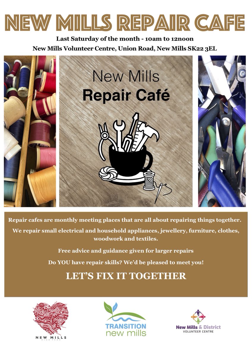 TransitionNM's tweet image. The New Mills Repair Cafe opens its doors again this Saturday 28th May, so if you've got anything that you would like to be repaired, then please pop along and say hello. Or, if you are interested in joining the team and being a repairer, then we would love to hear from you.