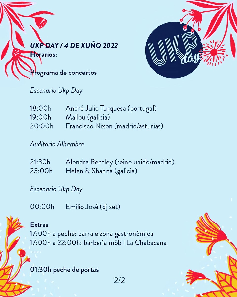 💥Queda pouco para o <a href="/UkpDay/">UKP DAY</a> ! Aquí vos deixamos o PROGRAMA cos horarios de todas as actividades e concertos 😉
🎟ENTRADAS en woutick.es/.../entradas-u…
--
#ukpday #festival #ukelele #ribadavia #xuño #ribeiro #castelo #momentosalhambra #carnéxove