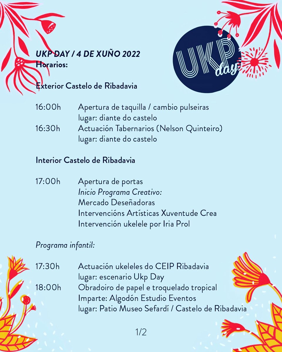 UkpDay's tweet photo. 💥Queda pouco para o @UkpDay ! Aquí vos deixamos o PROGRAMA cos horarios de todas as actividades e concertos 😉
🎟ENTRADAS en https://t.co/8oWZ3VNHs6
--
#ukpday #festival #ukelele #ribadavia #xuño #ribeiro #castelo #momentosalhambra #carnéxove https://t.co/tx2meyDRAA