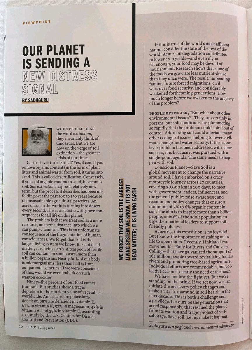 PaczynskiRobert's tweet photo. Sadhguru writes for #TIME magazine's Special Davos Issue at the World Economic Forum
#WEF22 

Let’s focus and unite on implementing #HealthySoil policies globally 🙏🌱🌍

#SaveSoil 🌱🍀🌳
#ConsciousPlanet 🌍🌏🌎
Let's make it happen

https://t.co/0VYUvyzkY6 https://t.co/ajEyAky4pF