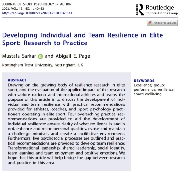 MusSarkar's tweet image. Practical paper on developing individual and team resilience in elite sport, including an evaluation of how our @NTUSportScience research has been applied in practice, is now published in @JSPASportPsych in a volume with page numbers (tandfonline.com/doi/full/10.10…). DM for full-text.