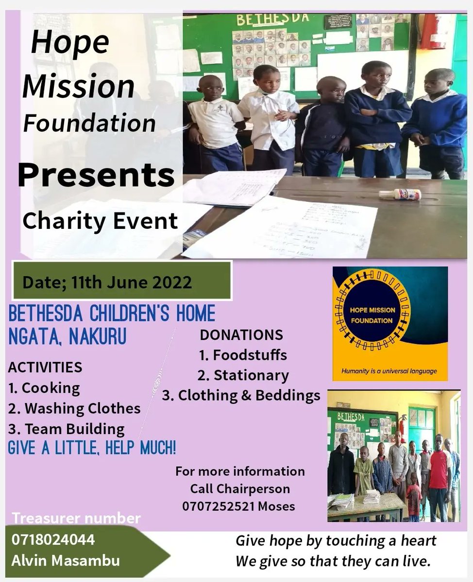 Hopemission72's tweet photo. CHARITY EVENT*
VENUE: Bethesda Children's Home Nakuru.
Activities*
Cooking 
Mentorship
Singing and dancing
Washing and general cleaning
*Donations:*
Dry foods
Exercise books
Clothes, Shoes, Toiletries Beddings. 
Channel your cash to Alvin Masambu 
0718024044 https://t.co/sb0qVpHGX4