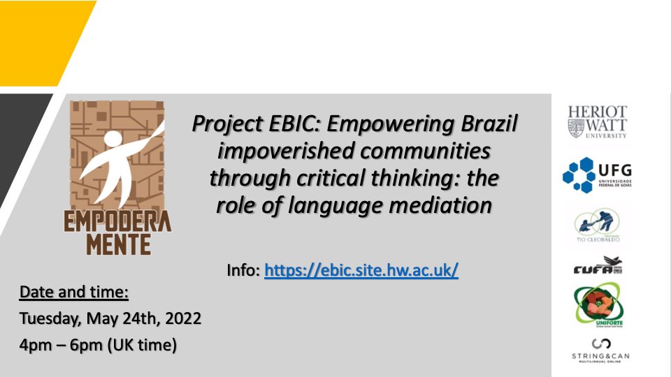 #EVENT: Join Prof. Claudia Angelelli and the Project EBIC team tomorrow at 4pm for insight into their award-winning research in Brazil 🇧🇷 Click here to register: 
zoom.us/webinar/regist… #HW #LINCS #CTISS