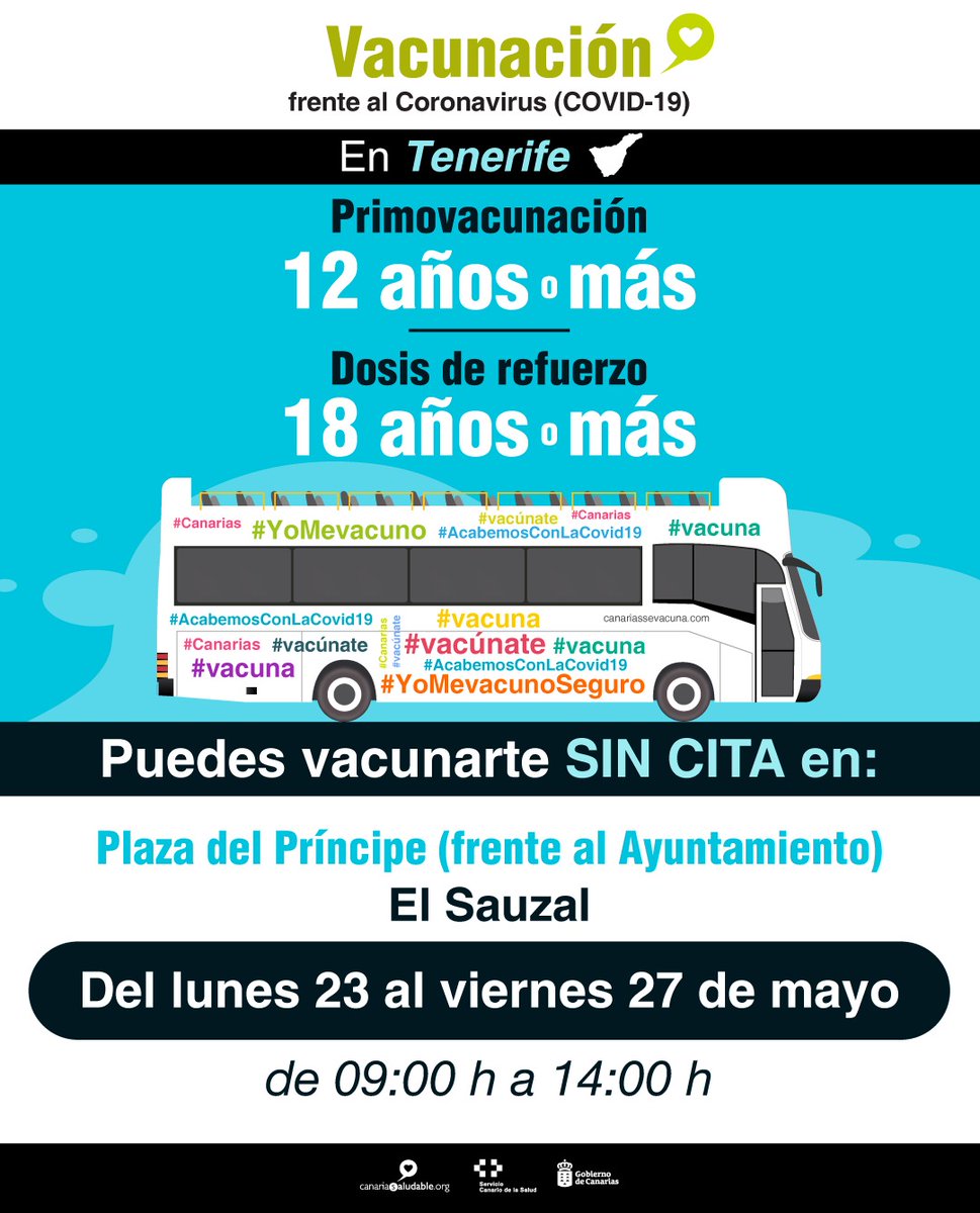 La Vacuguagua llega a El Sauzal para poder vacunarse contra el coronavirus sin cita previa.

📅Del lunes 23 al viernes 27 de mayo.
⏰ De 09.00 a 14.00 h.
📍 Plaza del Príncipe (frente al Ayuntamiento)

#YoMeVacuno