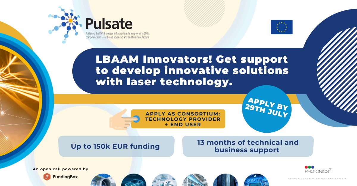 pulsateeu's tweet photo. 📣 LBAAM Innovators! Get Ready to develop innovative solutions, Joining AIMEN’s Info day
🗓️ June 2nd from 12h to 13h
Get registered here https://t.co/L7YqEUzufe
Apply before July 29th https://t.co/3BKYDv06el
#I4MS #LBAAM #photonics #photonicsEU #advancedmanufacturing https://t.co/msc3Y7IIGG