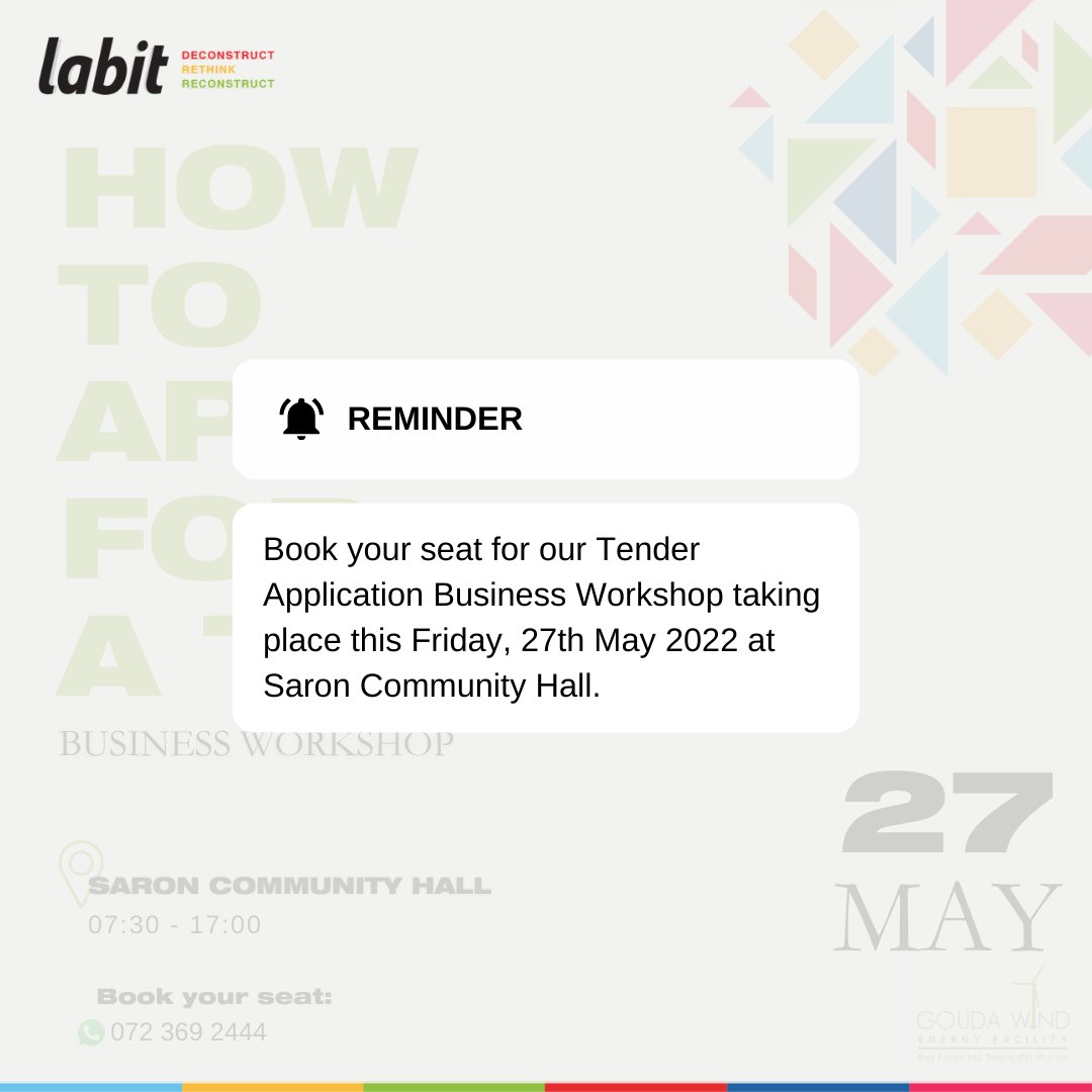labit_sa's tweet photo. Do not forget to BOOK YOUR SEAT and invite your friends to join us for the Tender workshop.
WHAT: Tender Application Workshop
WHEN: Friday 27 May 2022
WHERE: Saron Community Hall
TIME: 07:30 - 17:00
BOOK YOUR SEAT:
* WhatsApp +27 72 369 2444
* Comment on the post
#Labitsa https://t.co/Ok5ddjSVwP