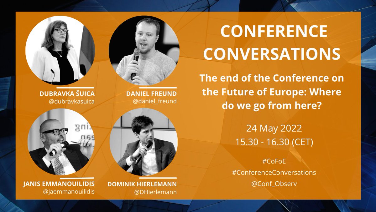 epc_eu's tweet photo. 📢| It’s tomorrow!

‘The end of the Conference on the Future of Europe #CoFoE: Where do we go from here?’ 

Join our next @Conf_Observ’s #ConferenceConversations with @dubravkasuica, @daniel_freund, @jaemmanouilidis &amp; @DHierlemann. 

Register here: 
https://t.co/bswBYqA7aJ https://t.co/zDuZX5L7i7