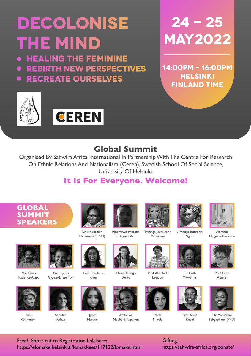 Global Summit Program updated.
Tomorrow is Day 1 of <a href="/CEREN_Helsinki/">CEREN Helsinki</a> &amp; <a href="/SahwiraAfrica/">SahWira Africa International</a> Global Summit.
Remember to register in order to get your zoom link 
Short cut to registration: elomake.helsinki.fi/lomakkeet/1171…

Visit our website for more details 

sahwira-africa.org/sahwira-global…