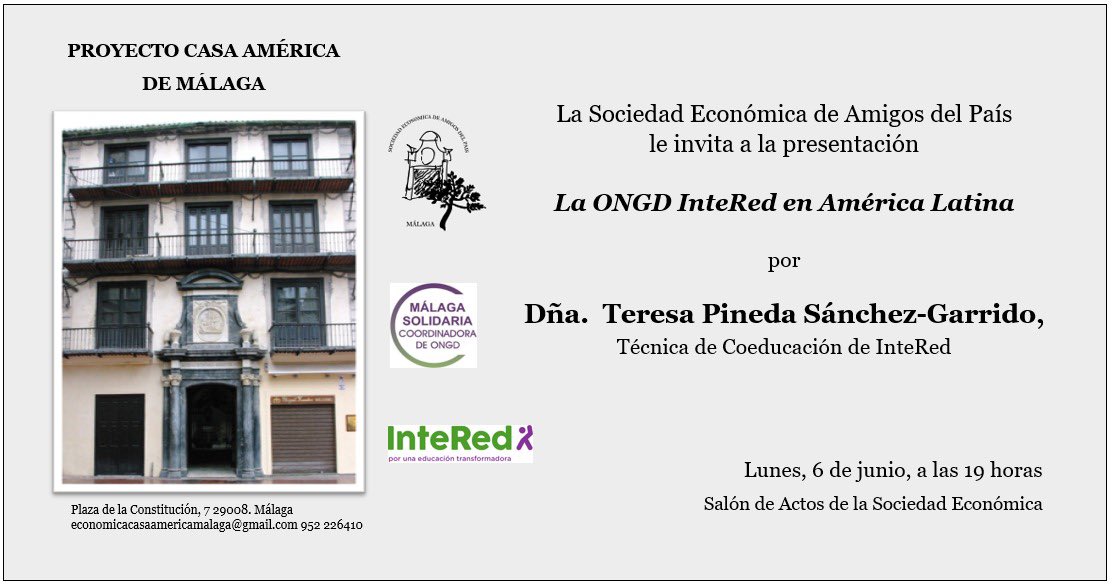 No os perdáis la presentación de nuestra asociada <a href="/InteRed_ong/">✳️ Fundación InteRed</a> el próximo lunes 6 de junio, a las 19:00 h en <a href="/SEAPMalaga/">La Económica</a>, en el Salón de Actos de la Sociedad Económica Amigos del País, en Plaza de la Constitución, n°7, Málaga. #CooperacionInternacional #MalagaSolidaria
