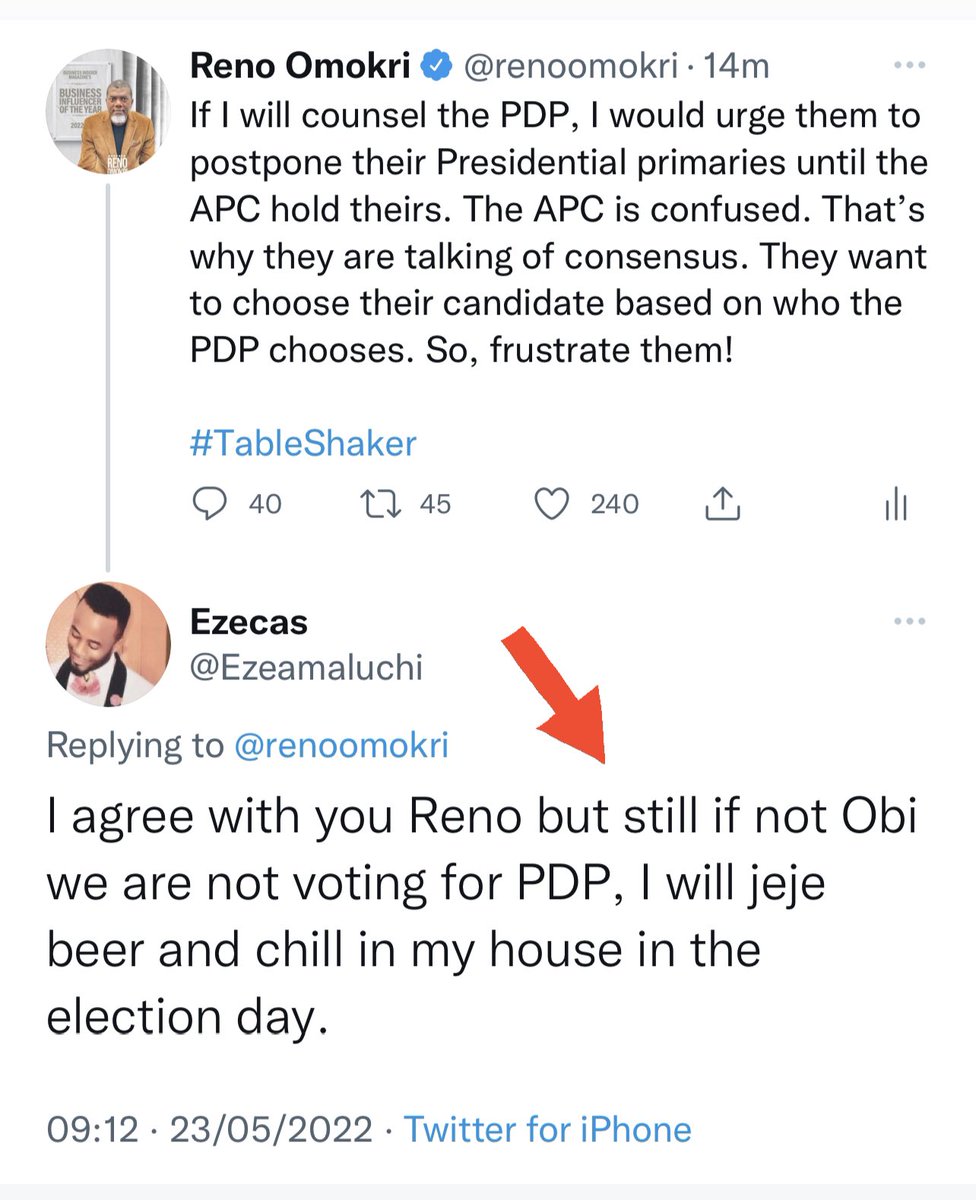 Dear @Ezeamaluchi,

If PDP picks Peter Obi, they should just not waste any money for the general election. Whoever APC picks will defeat him. 

I know it is not what you guys from the SE want to hear. Even <a href="/PeterObi/">Peter Obi</a>, knows this fact. 

Oya, insult! It is your work!

#TableShaker