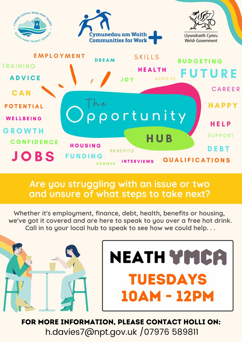 YMCANeath's tweet photo. Are you struggling with an issue or two and unsure of what steps to take next?

⏰Join us every Tuesday 10:00 - 12:00pm

📍YMCA Neath

☕️This is a FREE drop in!

Please contact Holli 07976589811 if you have any questions #Neath #community https://t.co/2wXtqKhraa