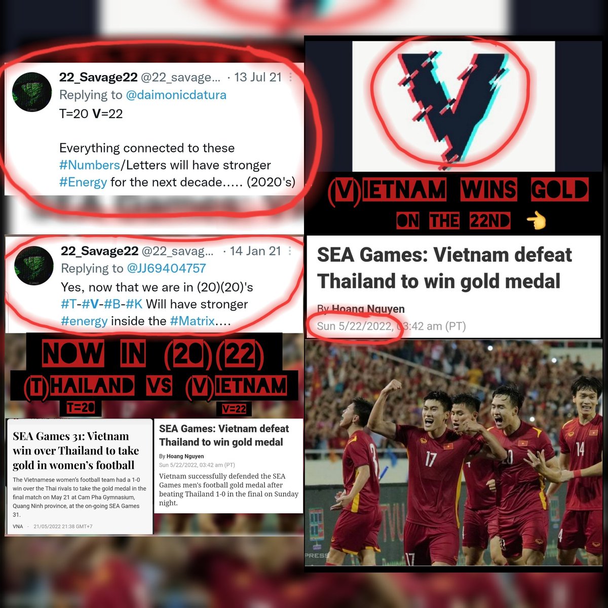 TheMatrixology's tweet photo. - 2020: I said that the (#V) {{#Energy}} is going to be stronger now in the 2020's..

-I said (#V)ietnam would be one of the big #winners in 20(22)

-(#V)ietnam's Men (&amp; Women's) soccer team just won #gold @ the #SEAGames.. (on the #22nd)👈

- Once again #V=22

#Matrix #Vietnam https://t.co/YCyeBojZKW