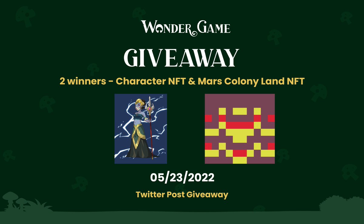 ✨NFT Giveaway✨
2 winners - Character NFT and Mars Colony Land NFT

1. Follow <a href="/wonderdotgame/">Wonder Game 🍄</a>
2. ♥️ the Tweet
3. Join discord.gg/wonderdotgame
4. Tag 3 friends