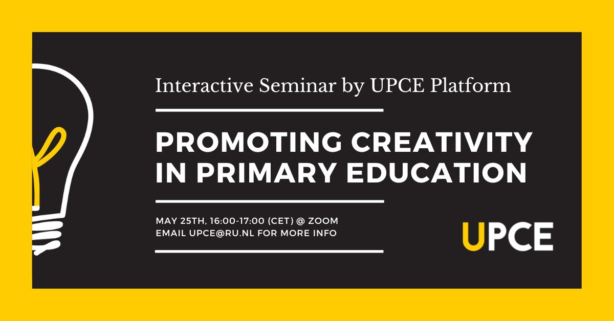Join us this Wednesday, 25th of May, for an online seminar on how creativity can be promoted in primary school education (16-17pm, CET). Visit ru.nl/bsi/research/g… for the Zoom link. We hope to see you there!